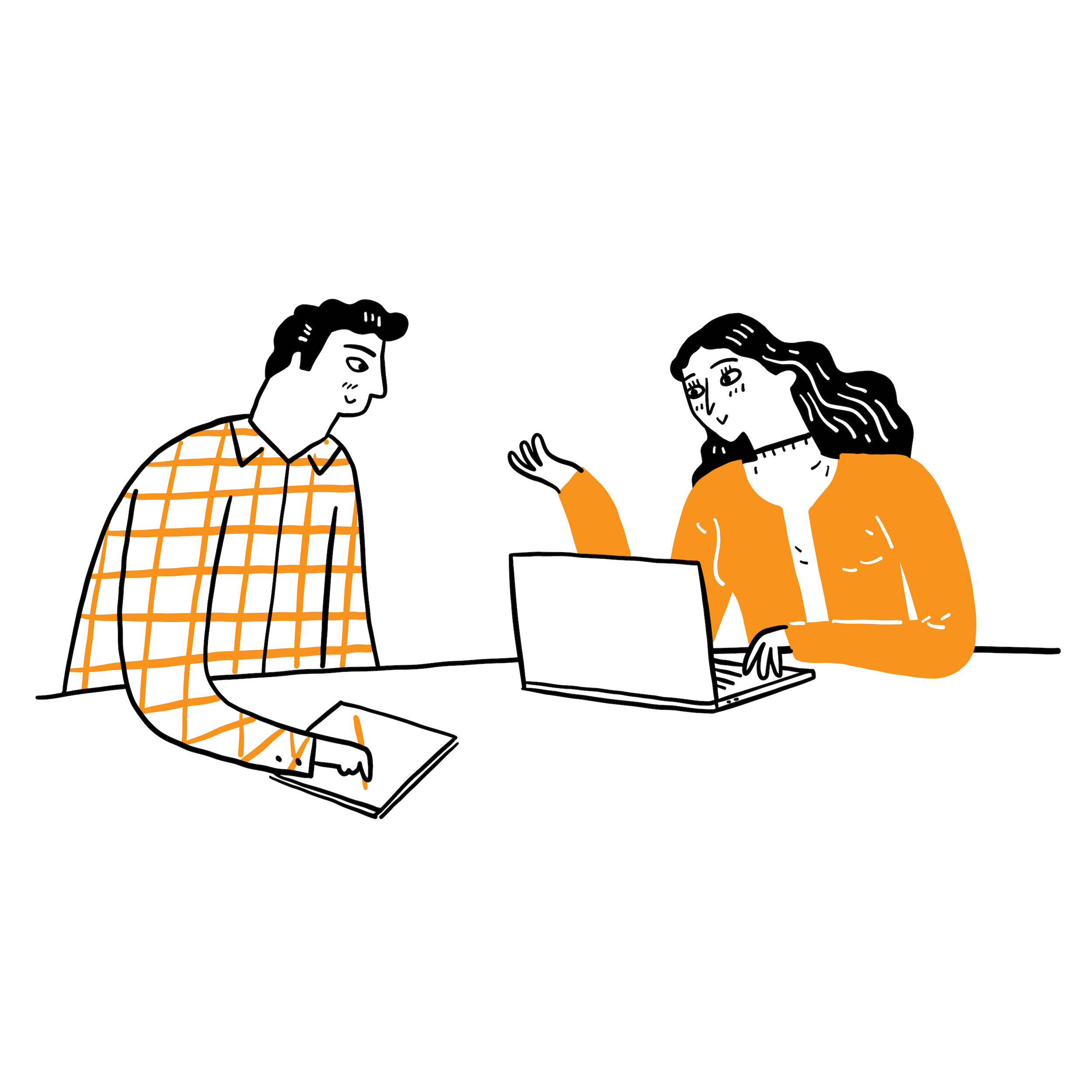 Young man talking or discuss to a young woman with laptop.