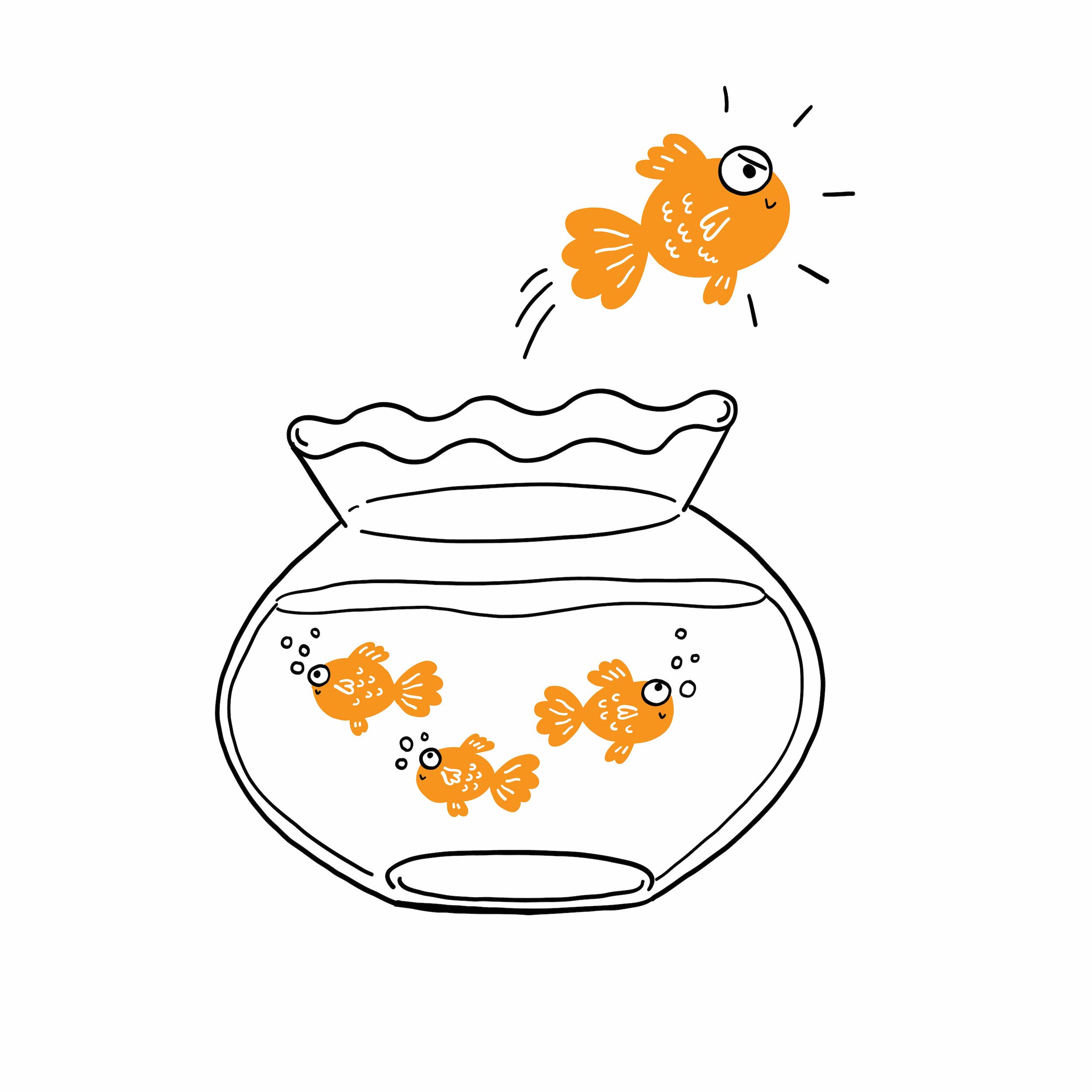 A goldfish jumping out of the water to escape to freedom