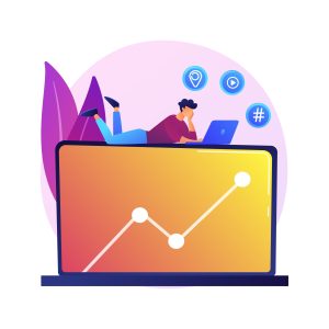 Net surfing vector concept metaphor Net surfing. Girl cartoon character sitting on big laptop and looking for some information on internet. Media file, geolocation, hashtag. Vector isolated concept metaphor illustration